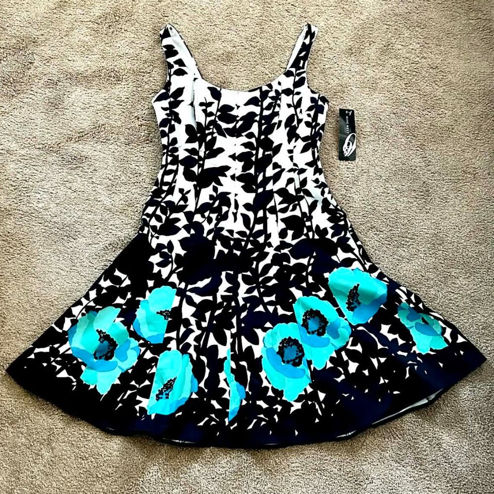 NINE WEST Fit & Flare Floral Dress; Black/White/Aqua Combo